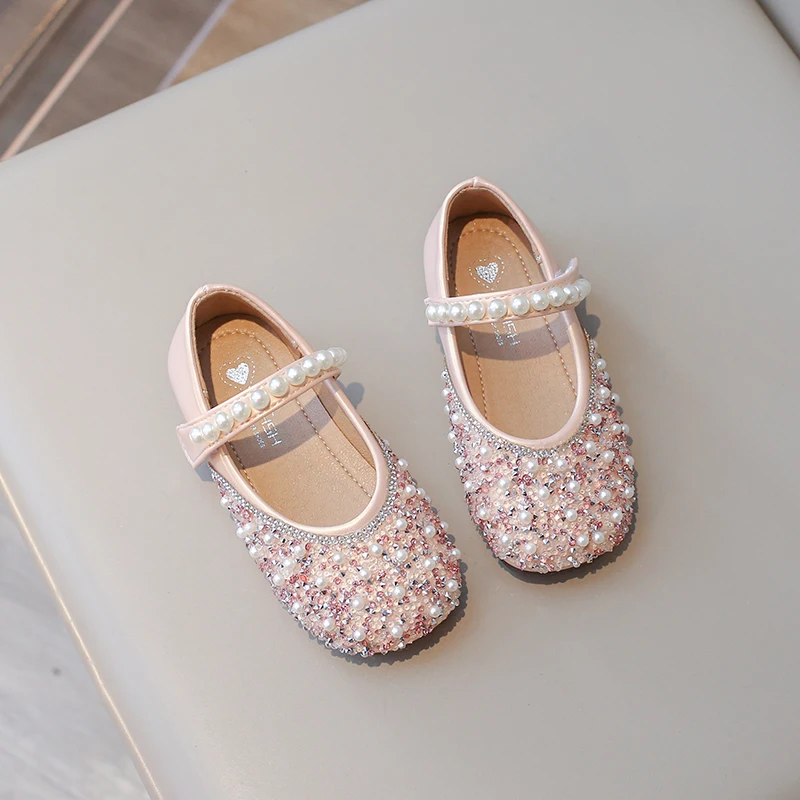 Toddler Girls Pearls Princess Shoes Kids Sequins Mary Jane Shoes Baby Gilrs Dance Wedding Shoes Autumn Spring 6-12Y Flats Autumn