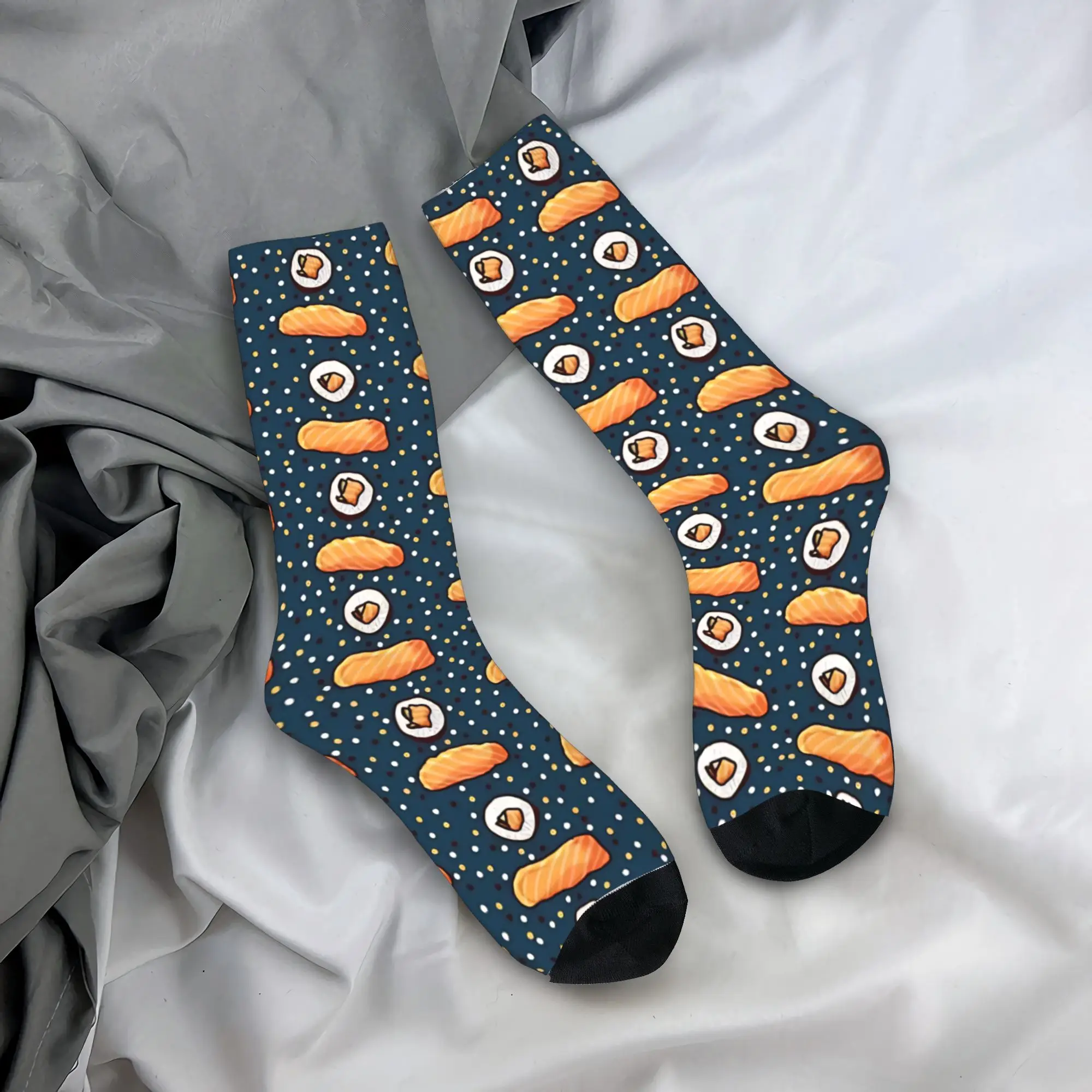 

Sushi Art Pattern Socks Dark Blue Graphic Stockings Anti Slip Women Men Socks Warm Soft Autumn Casual Running Socks