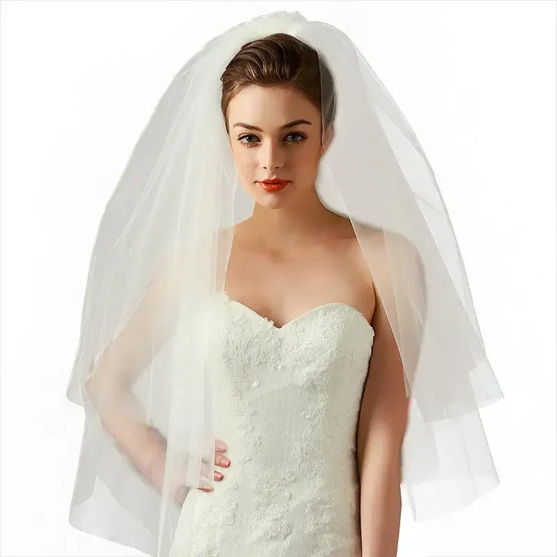 Short Cathedral Veils Wedding Bridal and Accessories 2 Tier White Tulle Blusher Comb for Women