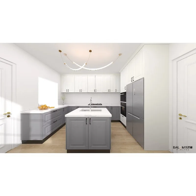 L자형 중앙 아일랜드 주방: 모던한 캐비닛, 일체형 싱크대, 개방형 레이아웃 및 자연광 활용