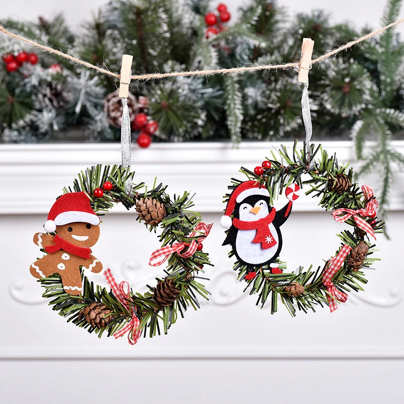 Christmas Decor MIni Xmas Wreath Pendant Christmas Snowman Elk Round PVC Pendant Christmas Tree Simulation Pine Cone Pendant