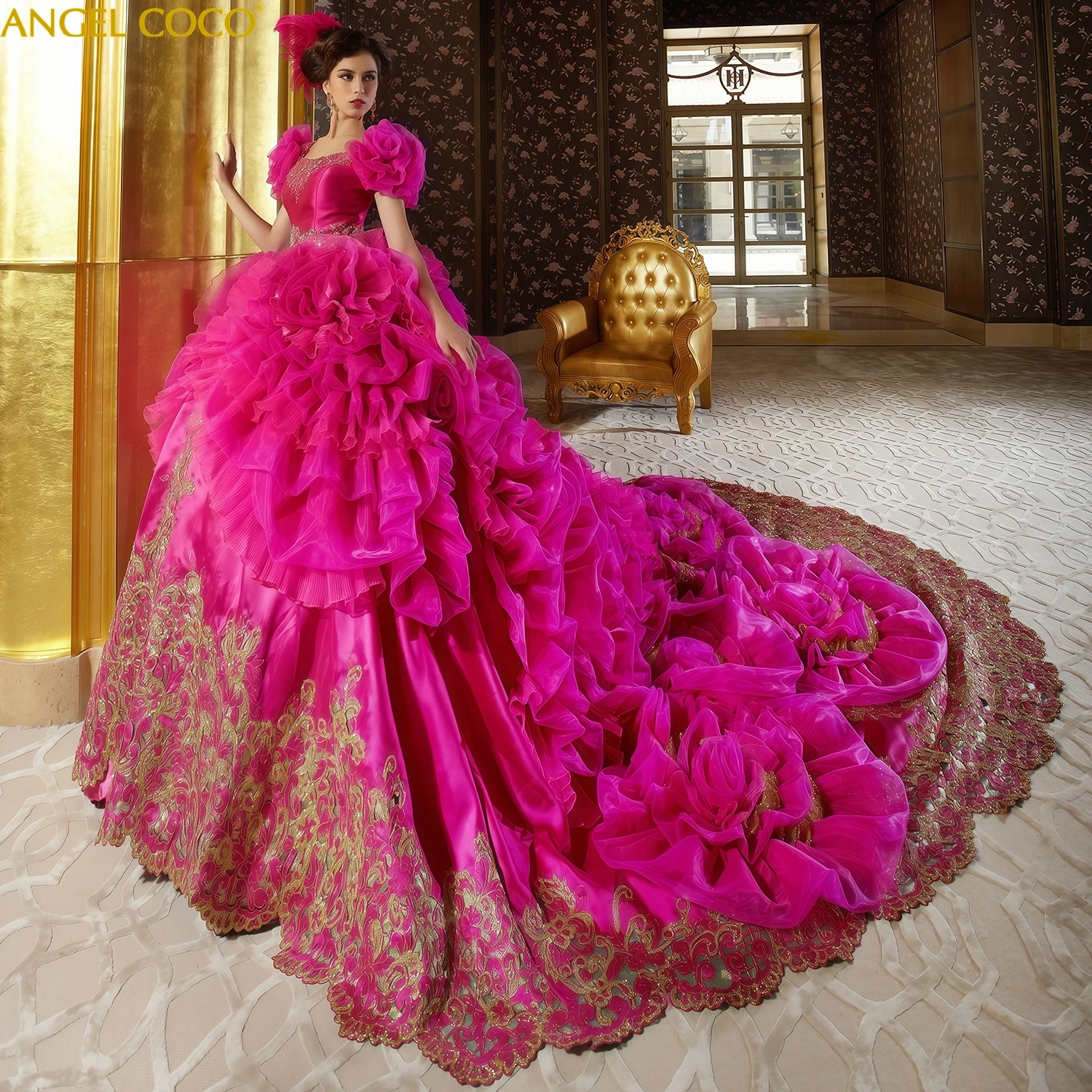 فستان زفاف فاخر المحكمة الملكية مذهلة ثلاثية الأبعاد الزهور التطريز كاتدرائية زي العرائس الكشكشة خمر الملكة فيستدو دي نوفيا