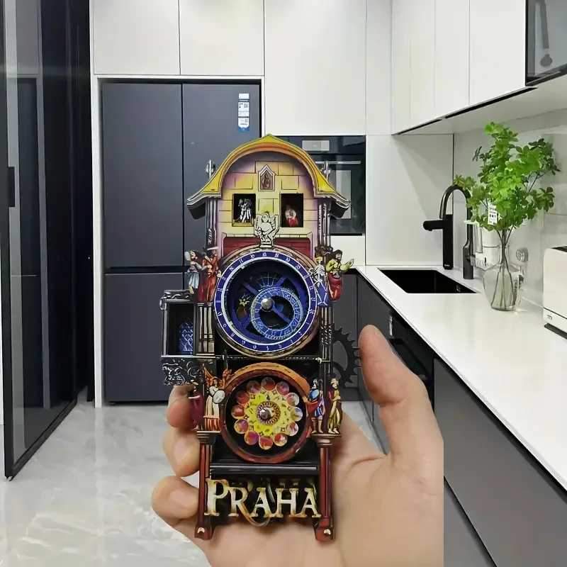 1Pcs Refrigerator Magnets Prague Square Astronomical clock gear Wooden carving souvenirs Fridge Magnet Locker Cabinet Home Decor