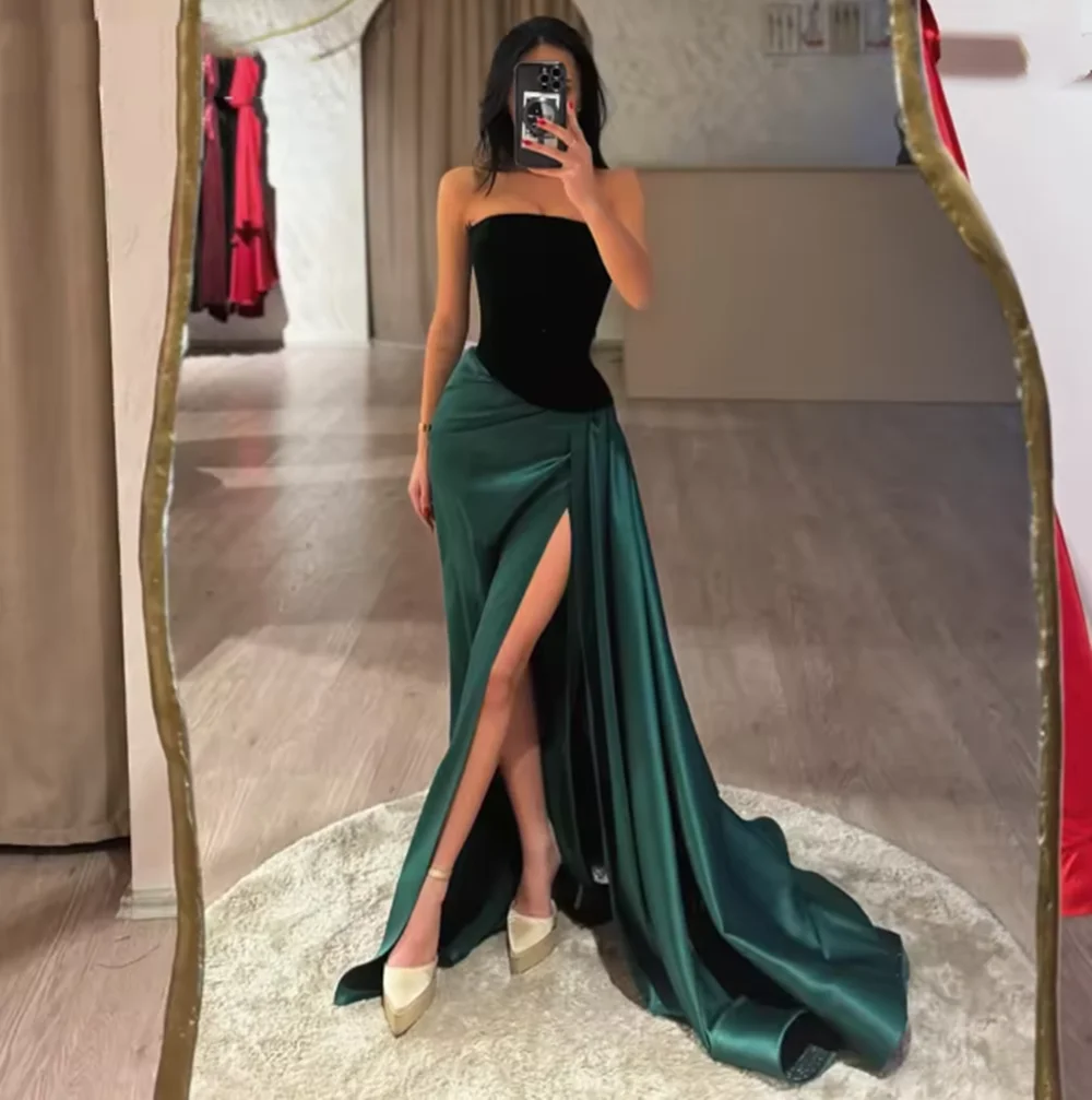 

Elegant Emerald Green Bridesmaid Dresses Mermaid Strapless High Split Draped 2025 Simple Wedding Party Prom Gown Customize
