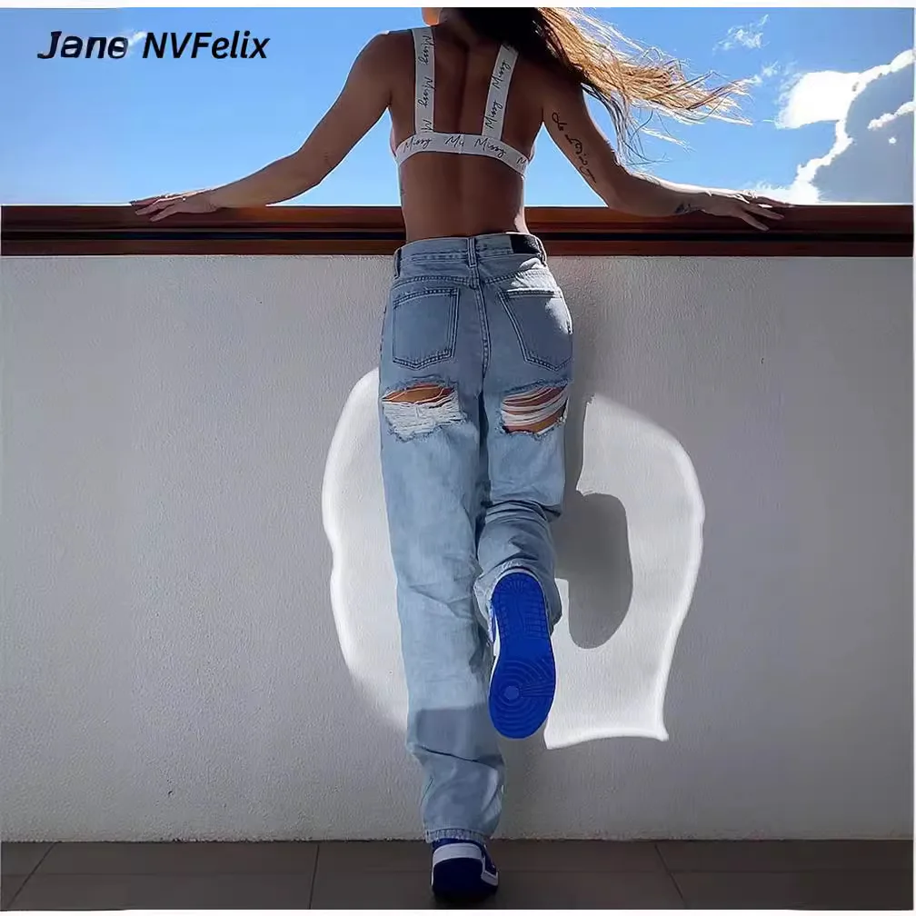 

2025 Vintage Ripped Jeans Women | High Waist Slim Fit Denim Pants | Spring Street Style Washed Straight Leg Trousers Blue Gray
