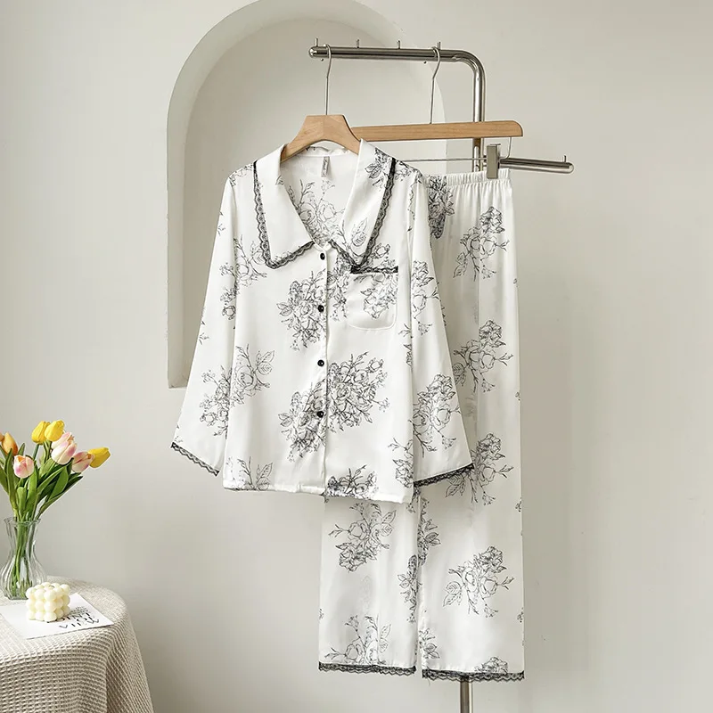 

Sweet Doll Collar Two Piece Pajamas Set Summer Silky Satin Nightwear Elegant Women Pijamas Long Sleeve Sleepwear Home Clothes