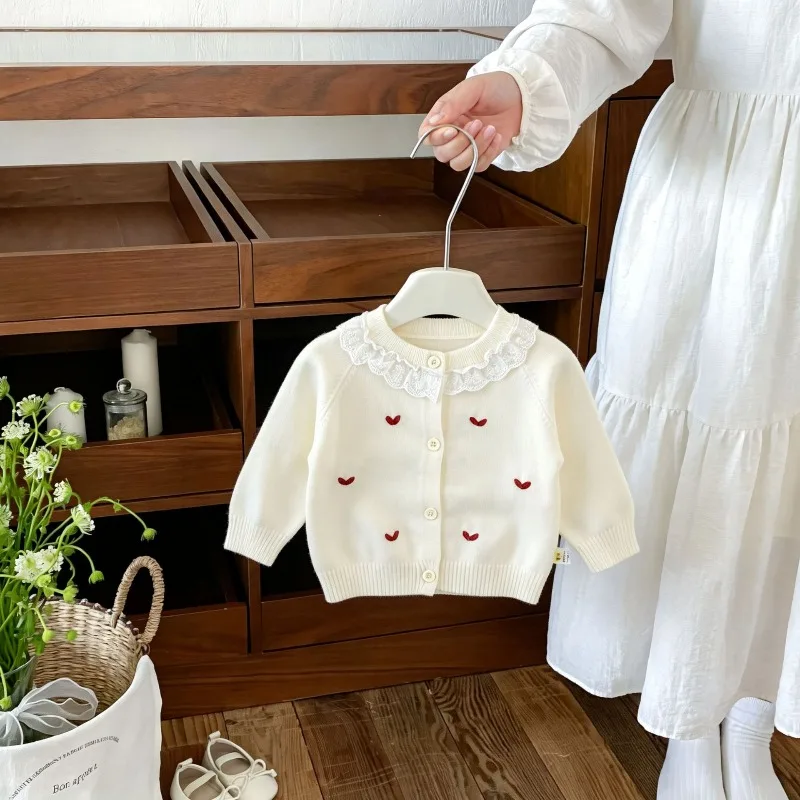 ZOETOPKID Baby Girls Knitted Cardigan Long Sleeve Heart Embroidery Soft Casual Sweater for Toddlers Baby Autumn Winter Clothe