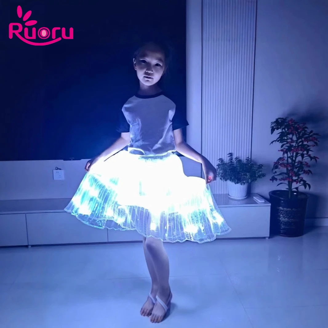 

Ruoru White LED Light Up Belly Dance Skirt Glow Tutu Skirt Child Girls Performance for Rave Halloween Christmas Party Costumes