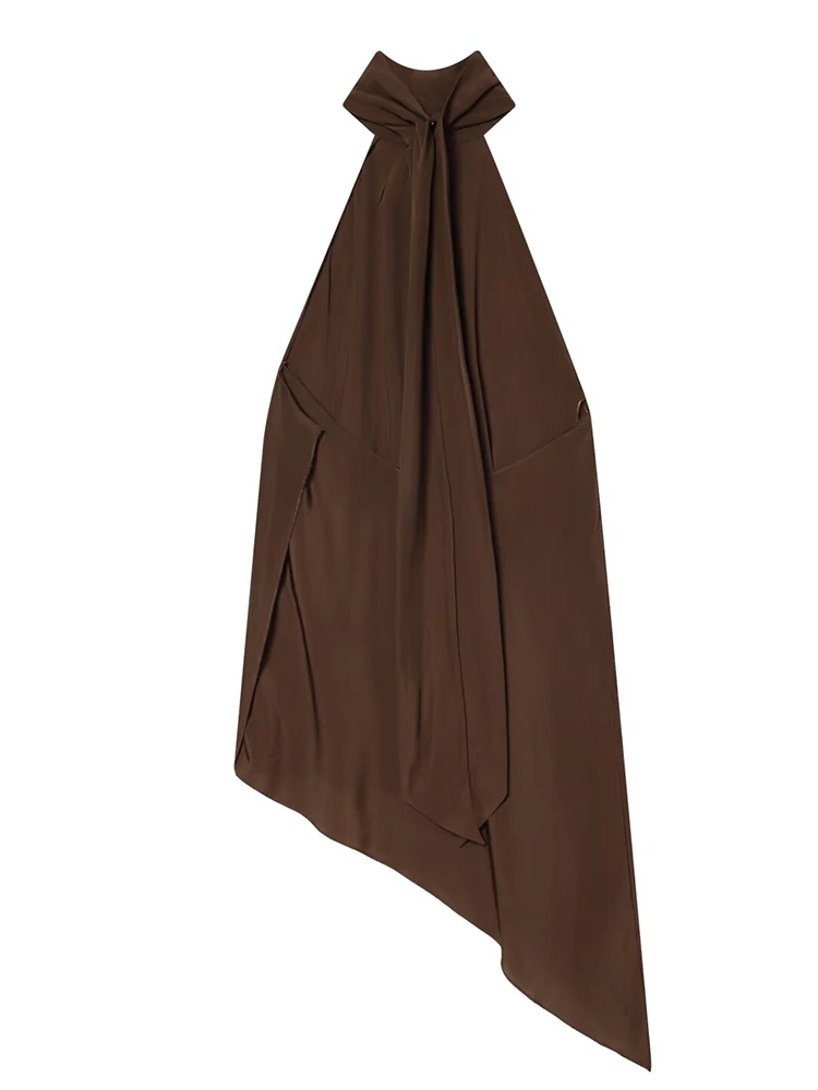 Damski top typu halter 2025, nowa moda damska, jednolity kolor, bez pleców, bez rękawów, asymetryczny dół, seksowny i elegancki top typu halter.