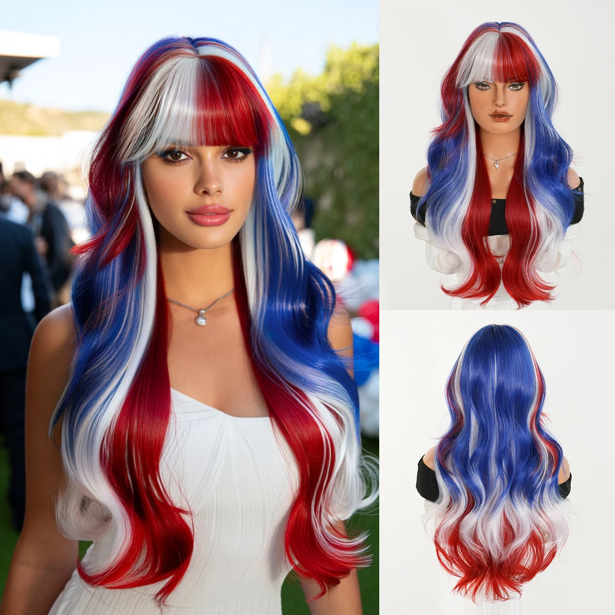 

World Cup Wig Long Body Wave Blue Ombre Red Wig for Women Synthetic Heat-Resistant Fiber Football Fan Hair Soccer Party Wigs