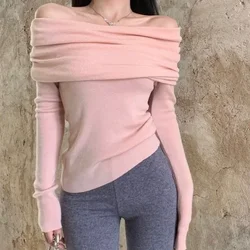 Slash Neck Sweater Off Shoulder Knitwear  Korean Fashion Women Slim Sexy Autumn Winter Clothing Pink Black Apricot