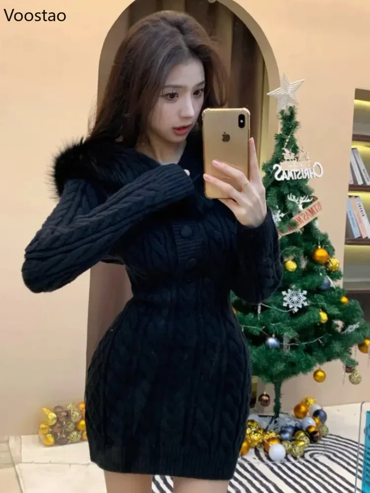 Autumn Winter Elegant Women Sweater Pullover Sexy Slim Fur Patchwork Hooded Knitted Dress Female Korean Knitwear Hoodies Tops