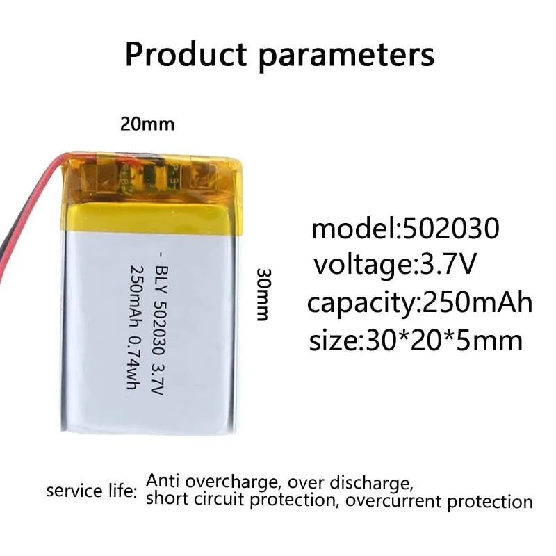 Batterie Rechargeable au Lithium polymère 3.7V 502030, 250mAh pour jouets, lumières LED, haut-parleurs Bluetooth, batterie pour instruments de beauté