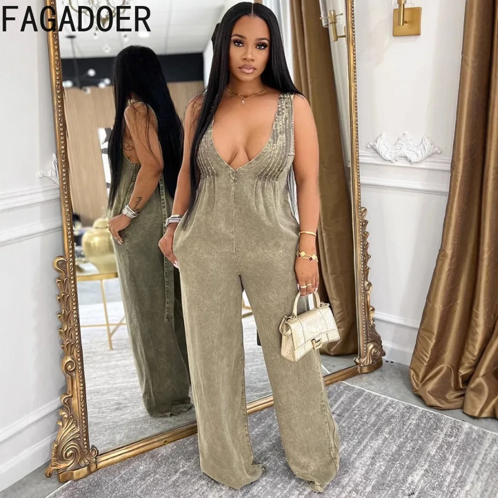 FAGADOER ฤดูร้อนใหม่ Casual Ruched Patchwork Jumpsuits ผู้หญิงสีทึบหลวม Rompers หญิง Streetwear Overalls ใหม่