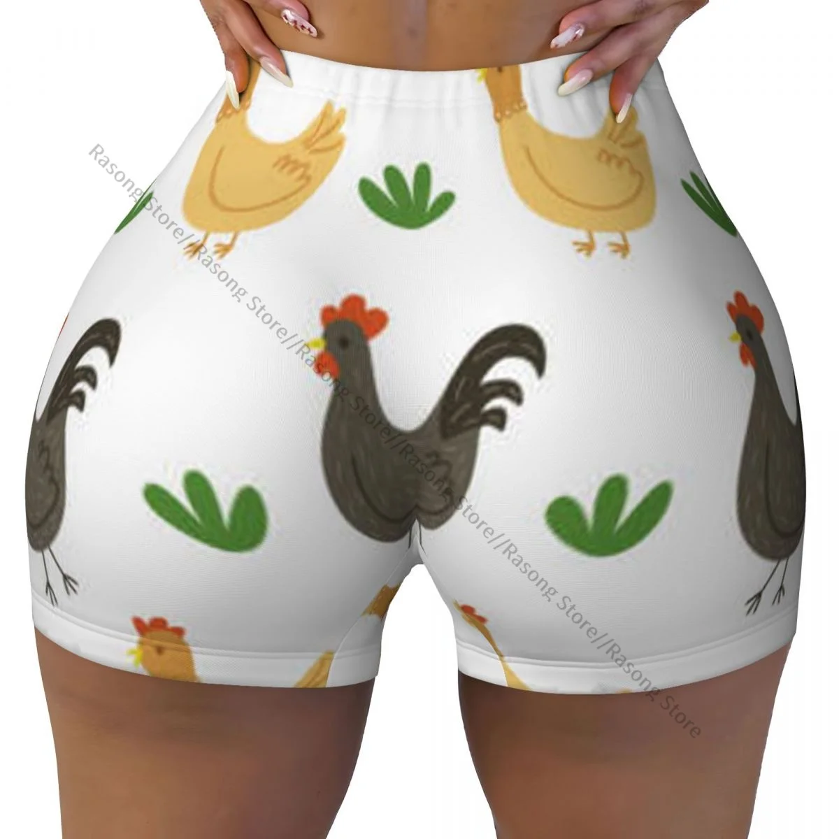 여성용 스판덱스 요가 반바지 치킨과 수탉 프린트 운동 부티 반바지