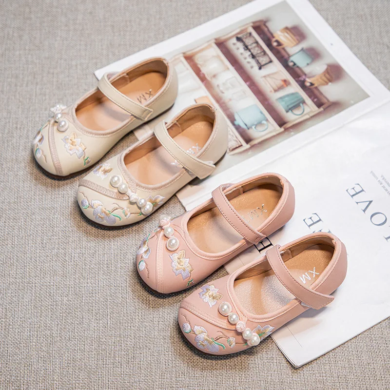 

2026Spring New Kid Embroidered Leather Shoes Simple Versatile Girl Princess Casual Shoe Comfort Anti Slip Child Performance Shoe