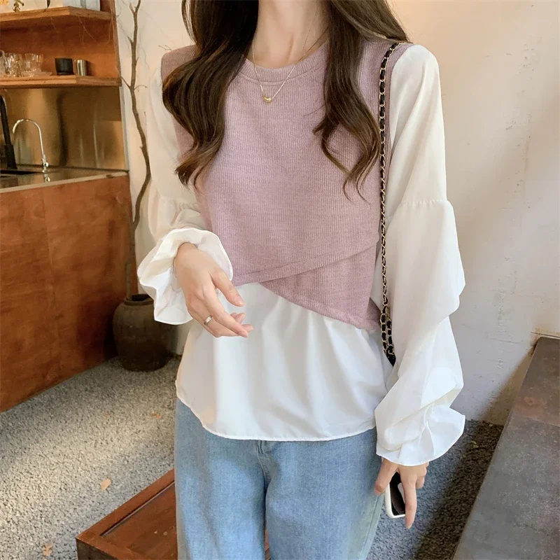 Pink Women Shirts Korean Sweet Patchwork Lantern Sleeve Female Blouse Autumn New Ruffles Preppy Style Ladies Casual Tops