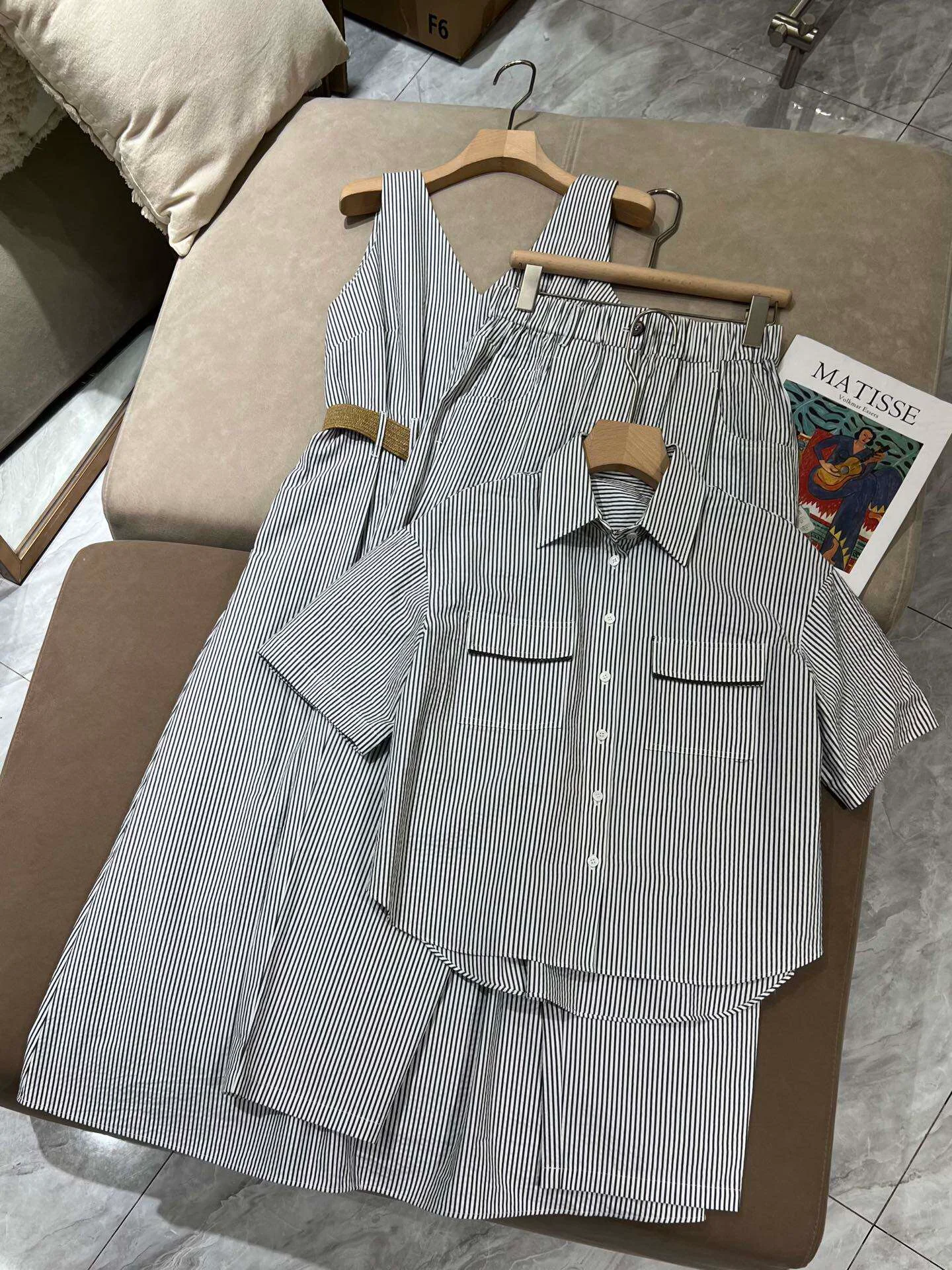 

26 Summer New Women's Cotton Striped 3-Piece Set Short-Sleeve Shirt / High-Waisted Straight Pants / Sleeveless Belted Maxi Dress