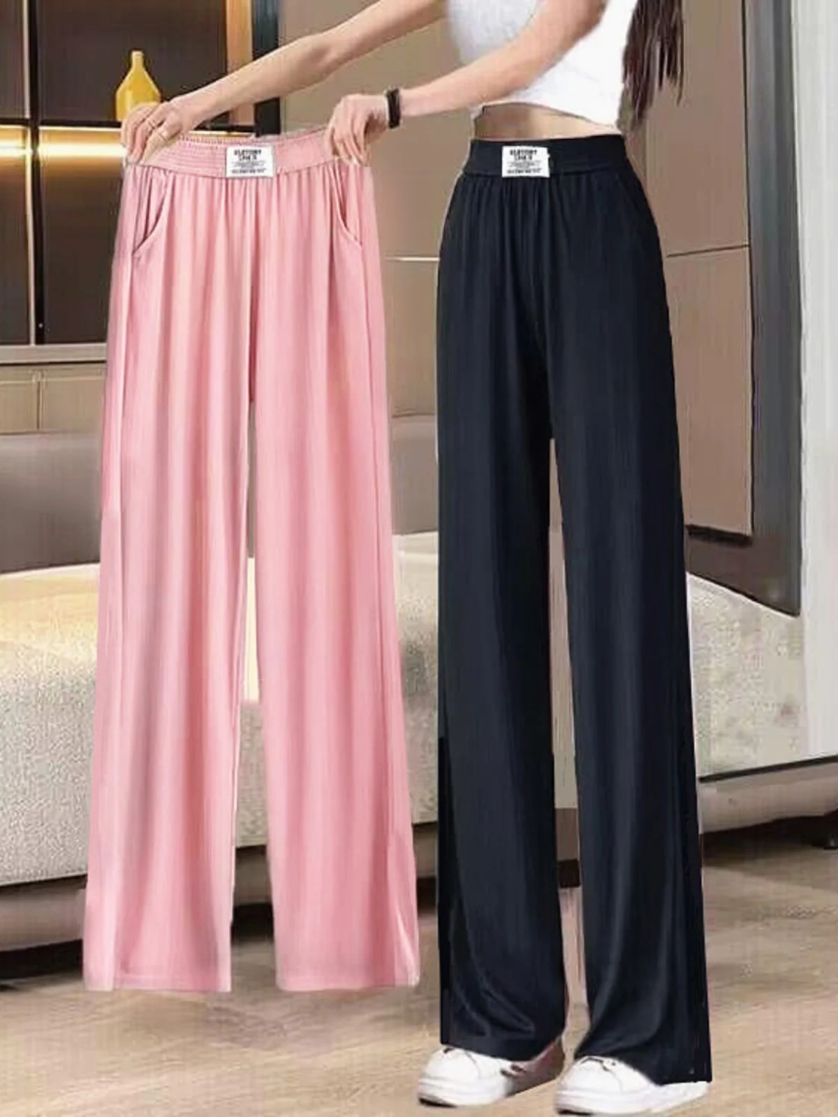 신상 여름 아이스 실크 와이드 레그 팬츠 여성용 얇은 하이웨이스트 드레이프 쿨 루즈 캐주얼 스트레이트 레그 팬츠 학생용