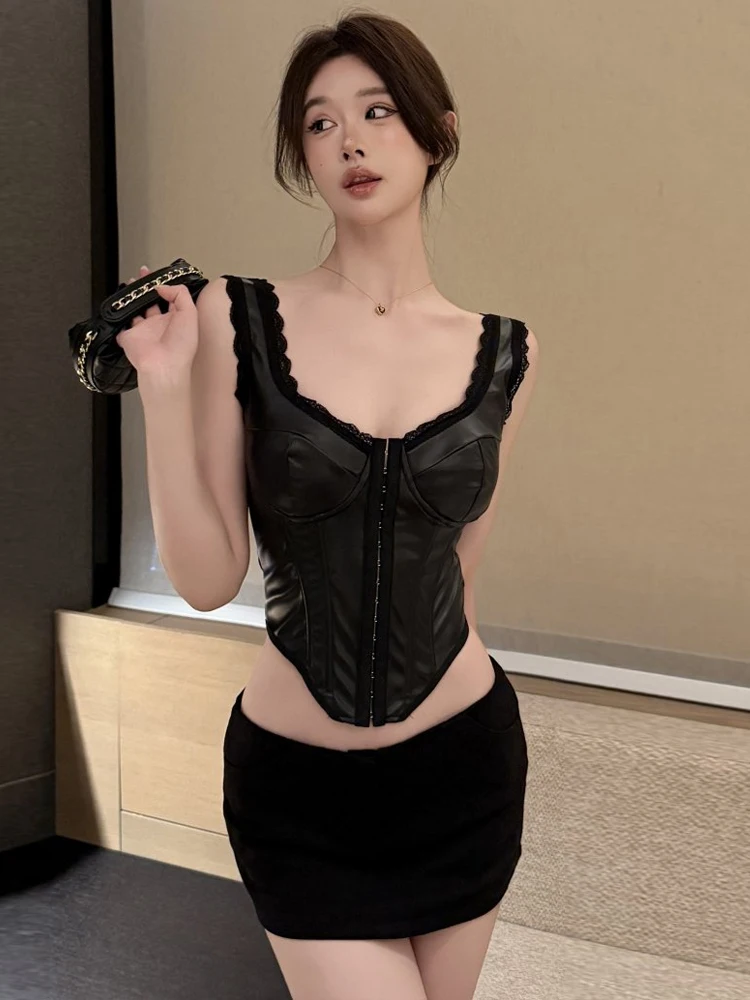 

Кружевной лоскутный жилет из искусственной кожи Ele, нерегулярная облегающая верхняя одежда из волокна, дышащий повседневный повседневный топ