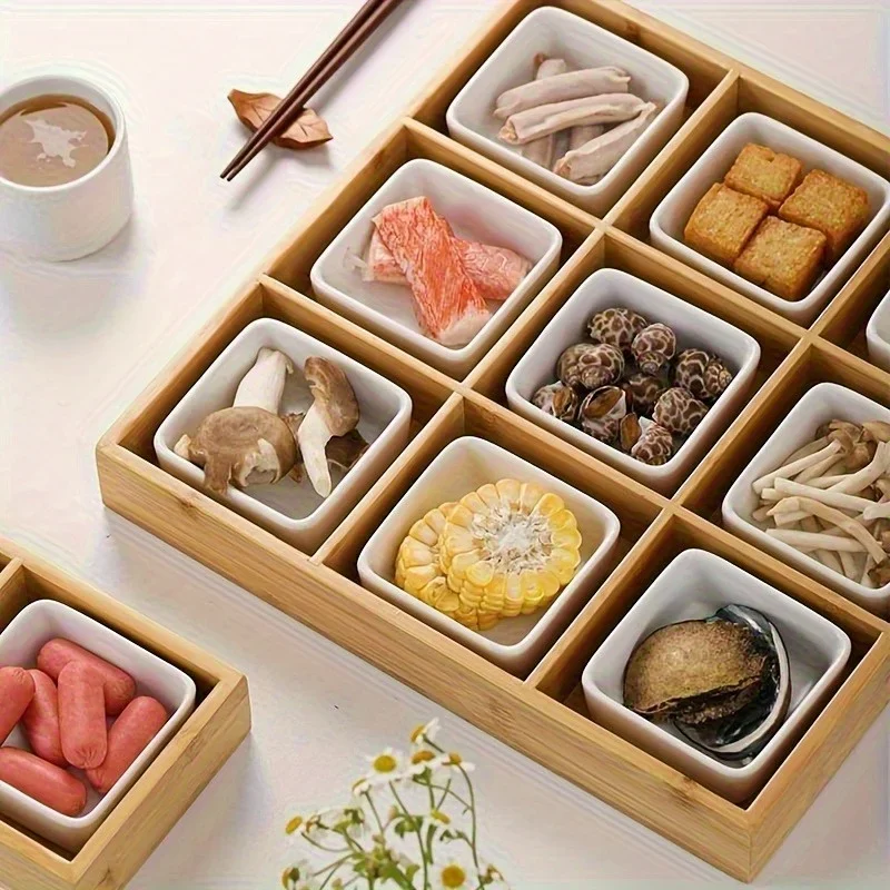 9-compartment Multifunctional Bamboo Partition  Box, Snack Box, Fruit, Nut And Candy Box, Hot Pot Box - Suitable For Kitchen, Co