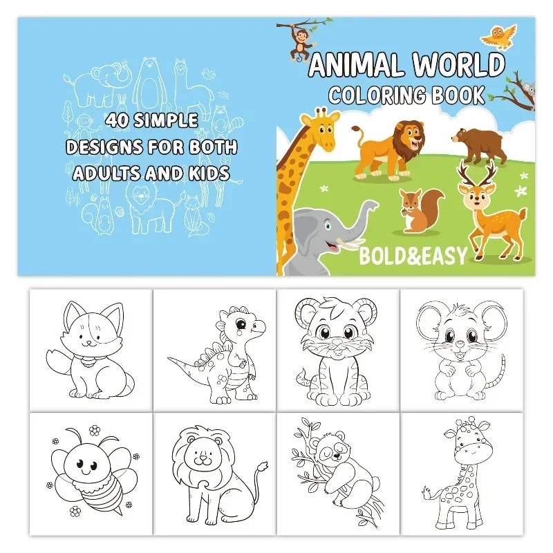 New Coloring Book with 40 Cartoon Animal Coloring Books, Suitable for Children Aged 4 and Above, Preschool Coloring Book Libros