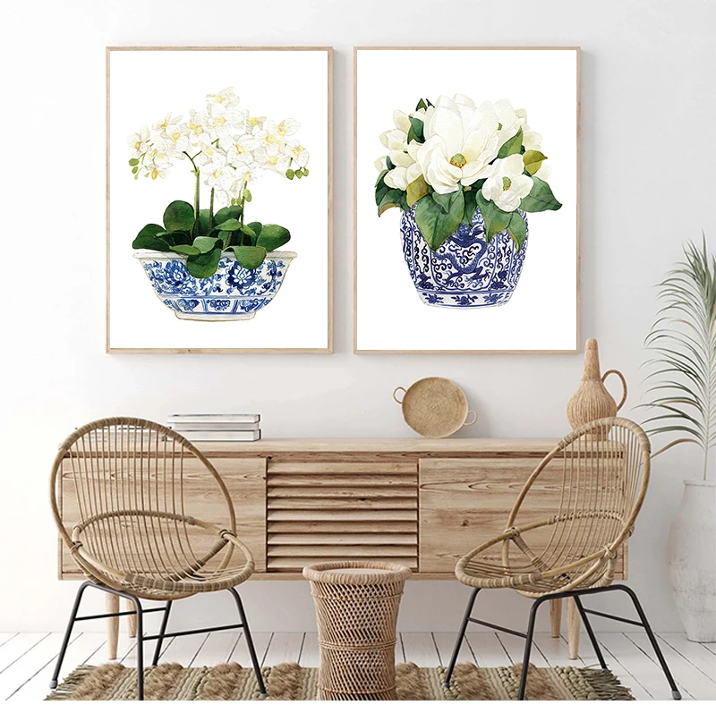 White Orchid & Magnolia Watercolor Chinoiserie Decor Canvas Print Oriental Vase Blue White Willow Style Porcelain Flower Jar