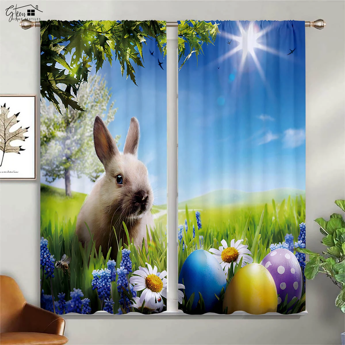 Cartoon Rabbit Colored Eggs Easter Print Curtain Bedroom Living Room Kitchen Decoration Curtain Children Gift 2 Pieces