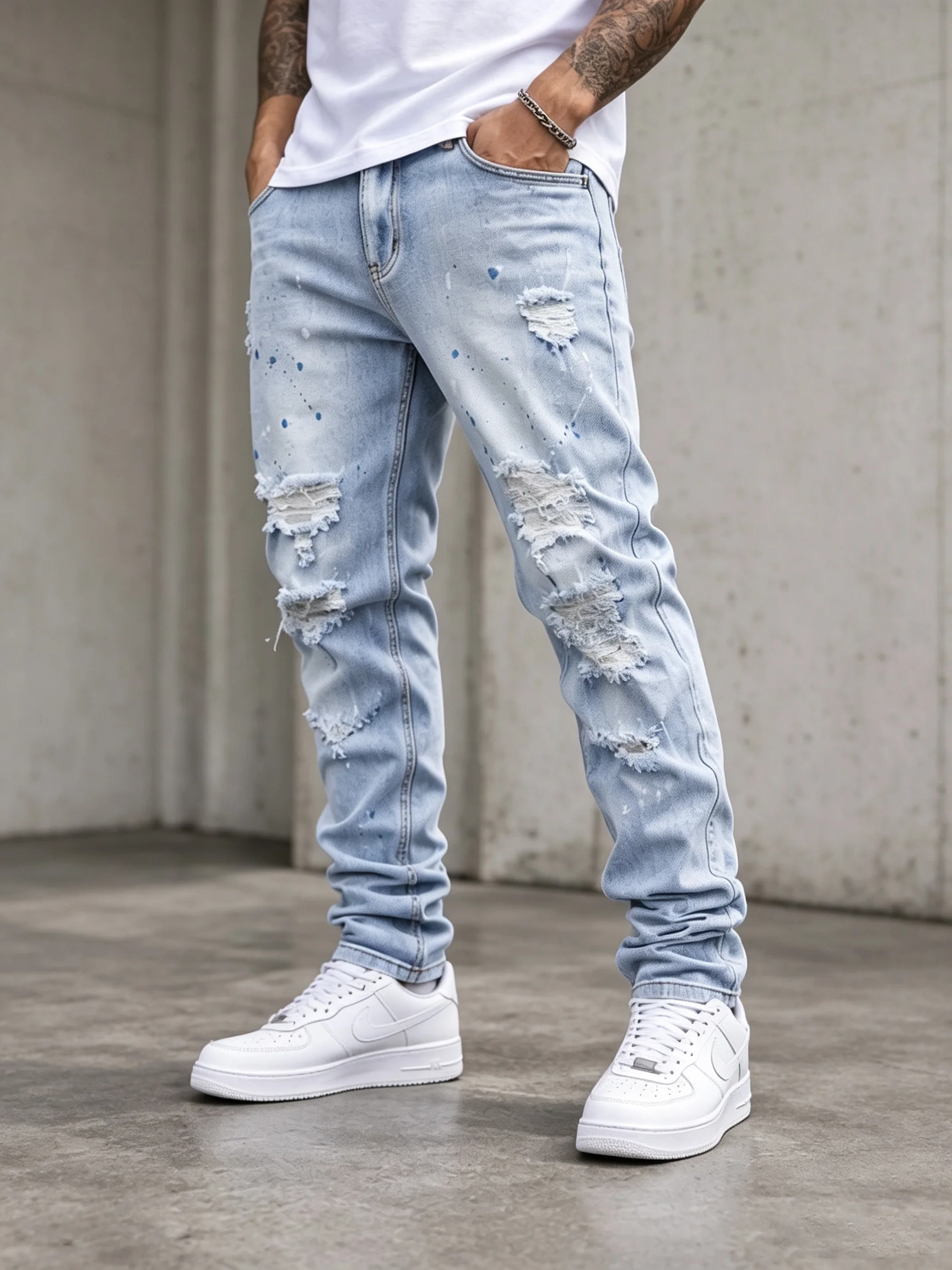 Vintage Men Y2K High Stretch Jeans Skinny Paint Splatter Ripped Distressed Denim Pant Hip Hop Streetwear Tapered Casual Trousers