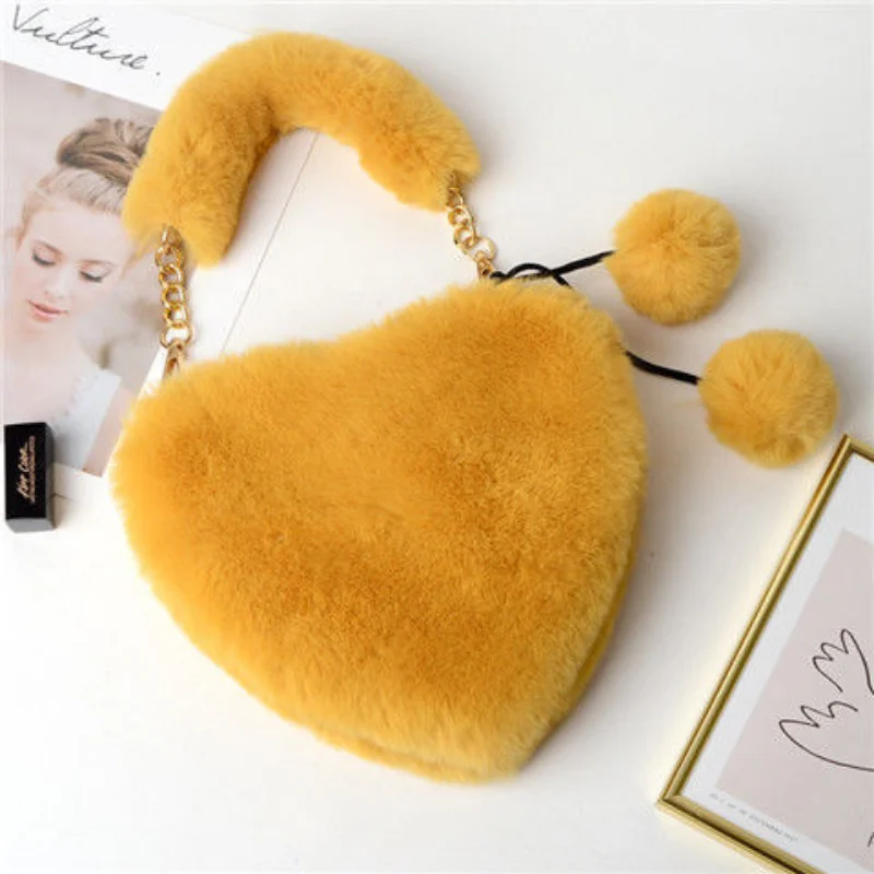 Luxury Faux Fur Heart-shaped Women Small Handbags Fluffy Plush Ladies Chain Shoulder Bag Fashion Female Furry Daily Clutch Purse