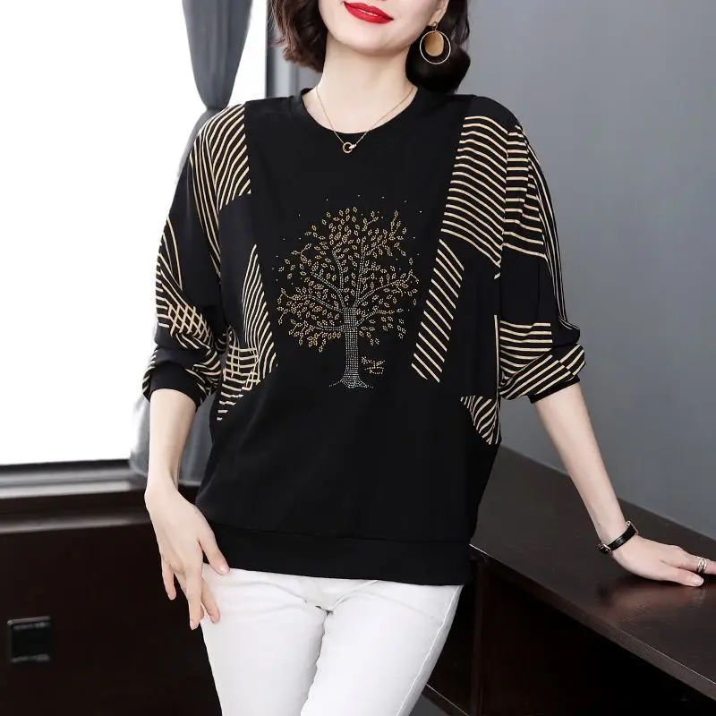 Fashion Loose Diamonds Spliced Pullovers T-shirt Spring Korean All-match Long Sleeve Solid Printed Tops Women\'s Clothing