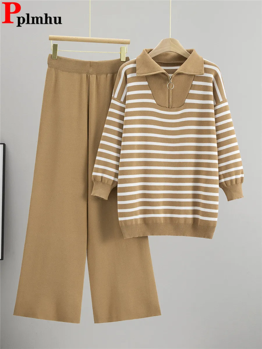 

Korean Loose Knitted 2 Piece Sets Women Striped Design Knitted Sweater Pullover Tops Conjuntos High Waist Straight Pants Outfit