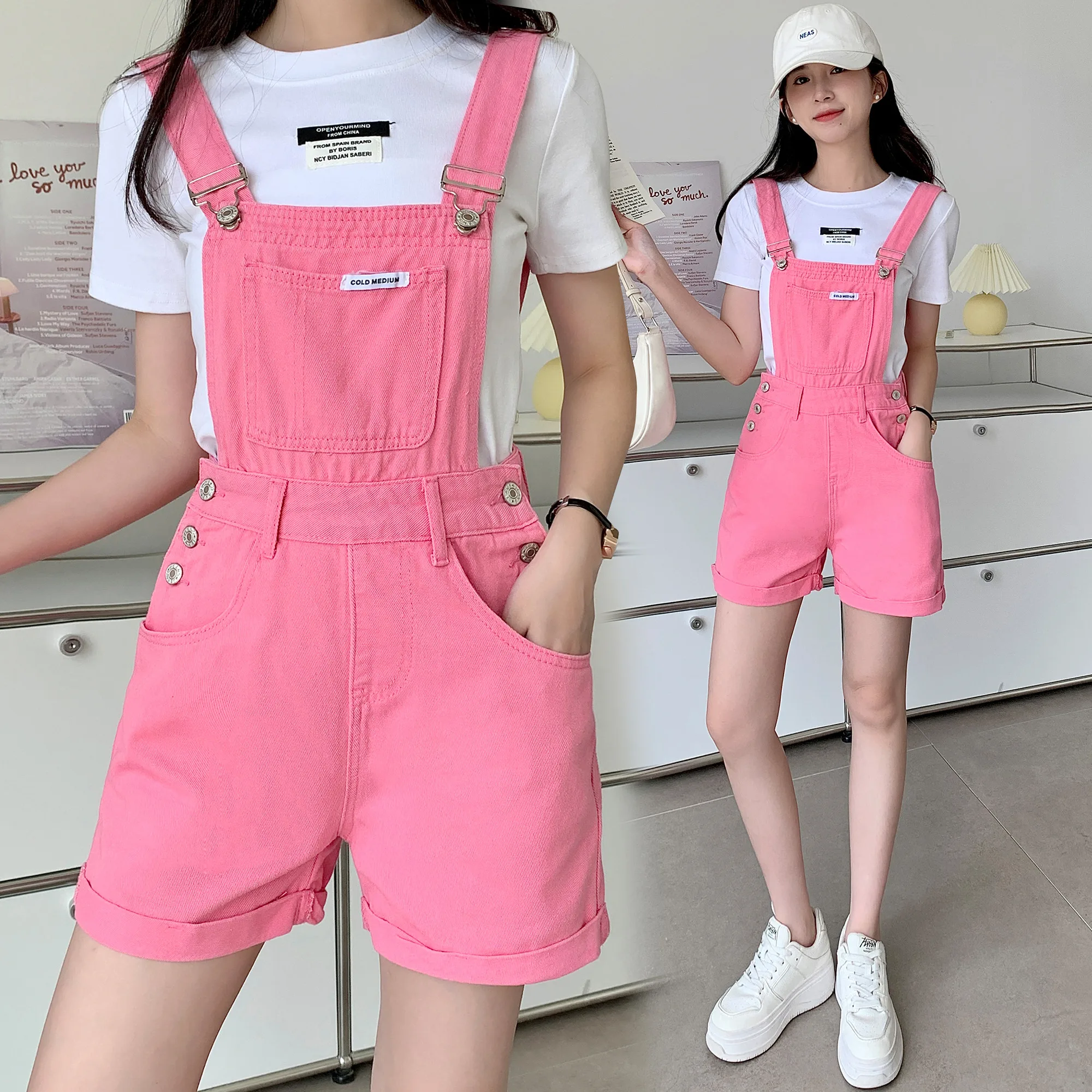 Pink Short Denim Overalls Women Label Short Jumpsuit High Waist Casual Playsuit Washed Salopette Straps Summer 2023 Jeans Romper