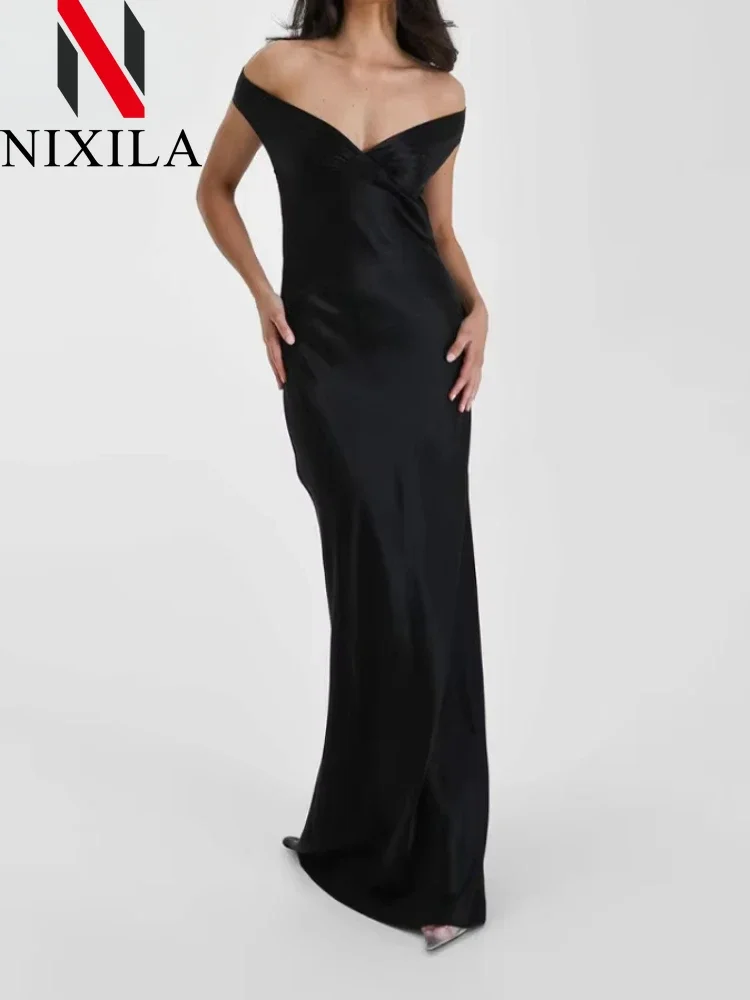 Nuovo abito lungo sexy senza schienale con fiocco in raso estivo per donna Abito moda scollo a V senza maniche Club Party Abito da sera Abbigliamento elegante