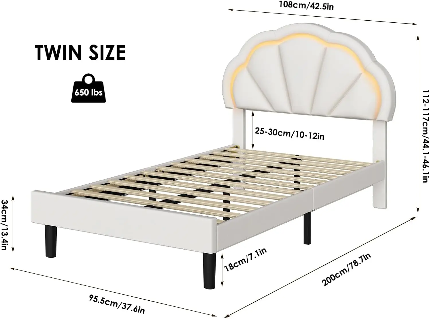 Marco de cama LED inteligente tapizado doble con cabecero de pétalos elegante ajustable, marcos de cama de plataforma de tamaño doble de princesa para niños