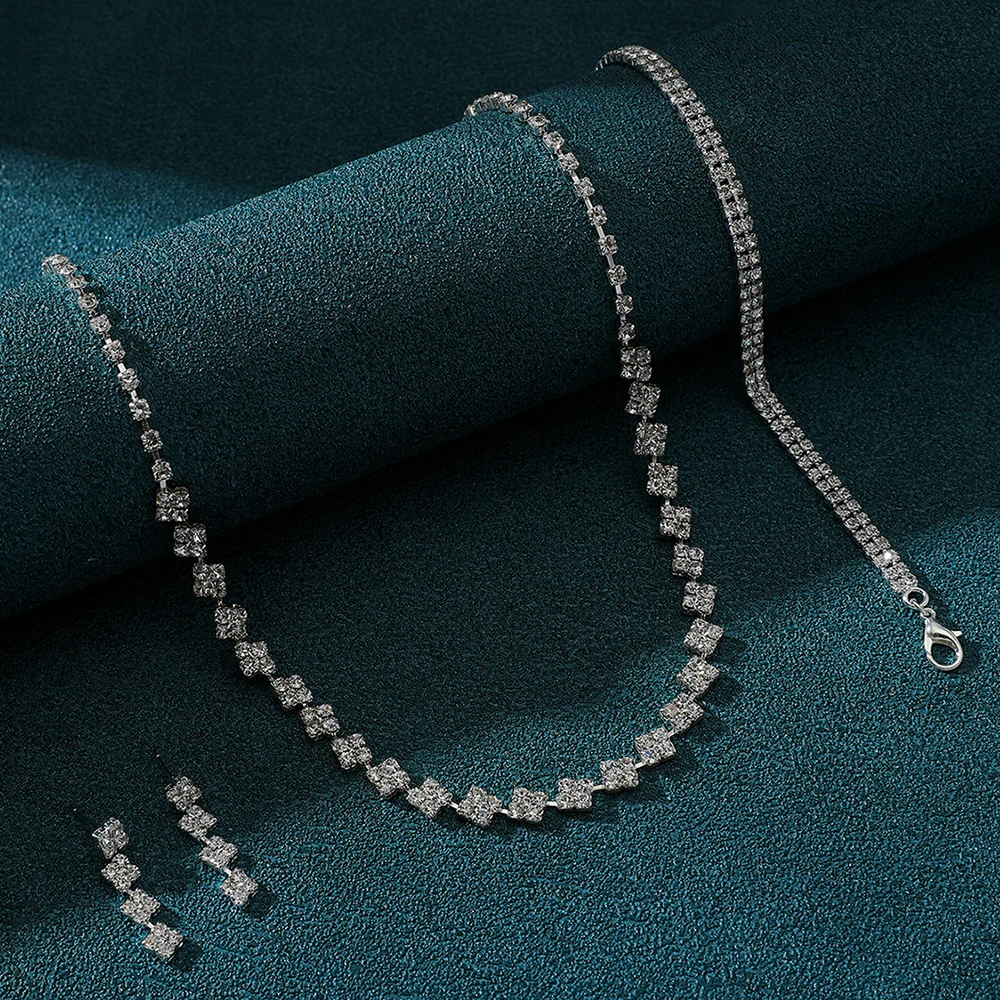 Серебряный свадебный комплект украшений с ожерельем, сережками и браслетом со стразами — коллекция для свадьбы и вечеринок