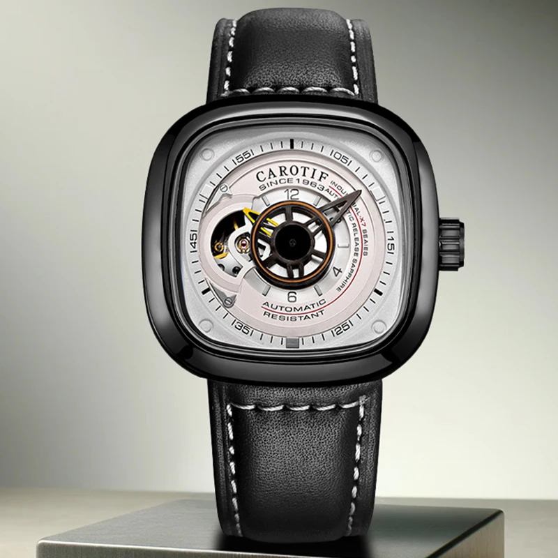 A men's fashion minimalist black case with white dial black PU leather mechanical watch
