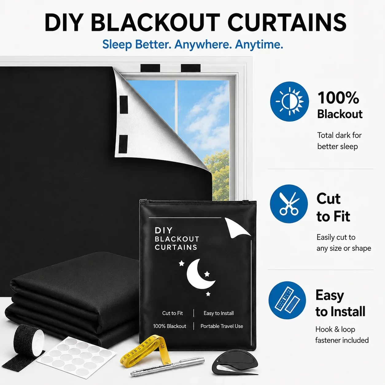 Blackout Window Curtain Cuttable Silver Coated 210T Oxford Fabric 145x100/200/300cm for Bedroom Travel RV Portable 