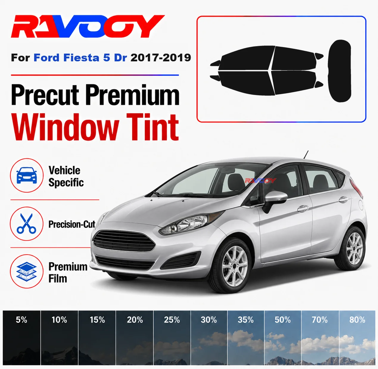 Premium Precut Window Tint Kit Front Rear Windows Rear Windshield For Ford Fiesta 5 Dr 2017-2019 Complete Set Nano Ceramic Film
