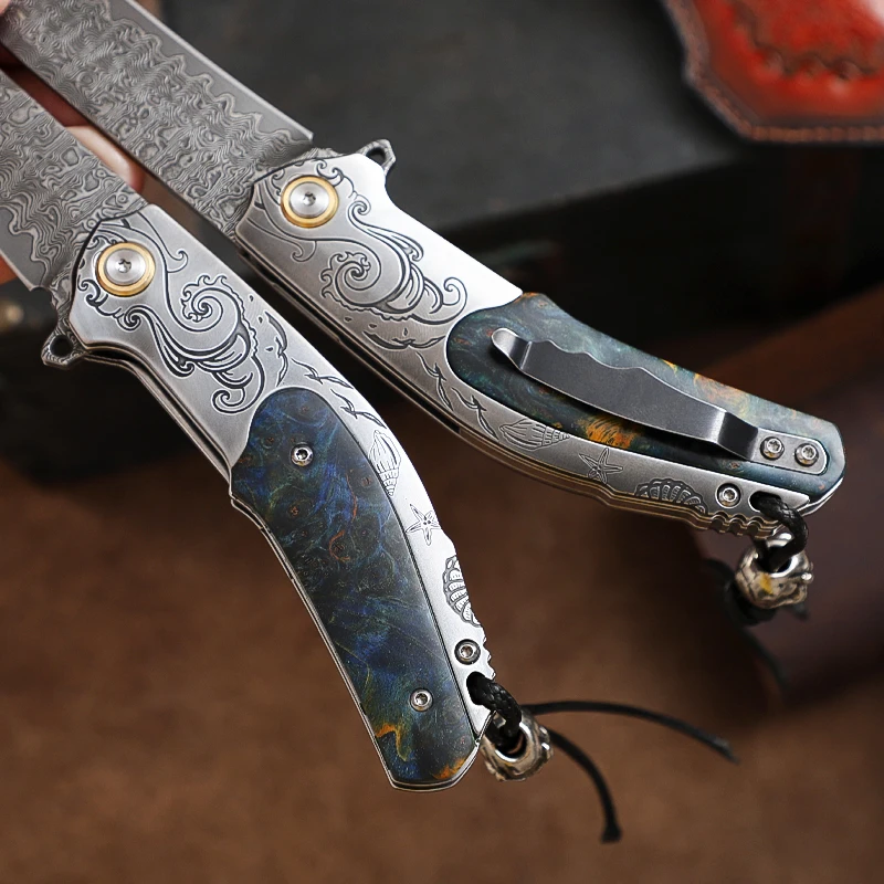 Hand Forged Damascus Steel Vintage Folding Pocket Knife High Hardness Sharp Folding Knife Outdoor Self Defense Knife EDC Tools