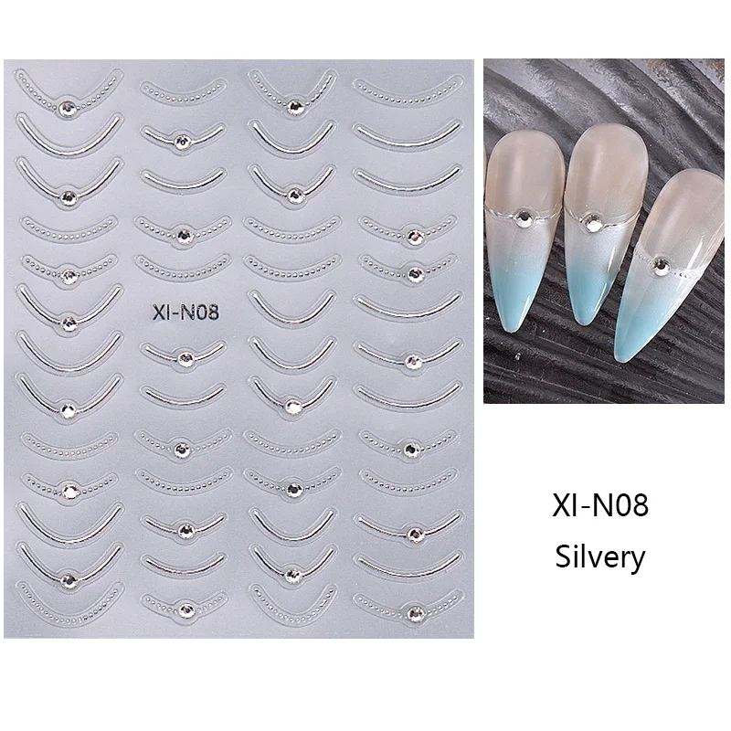 3D metaliczny francuski pasek linia naklejka do paznokci kryształ Rhinestone złoty srebrny uśmiech linia prosty suwak DIY akcesoria do Manicure