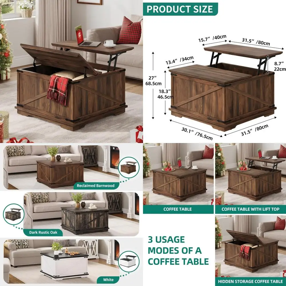 

Квадратный журнальный столик в деревенском стиле с подъемной столешницей и большим скрытым хранилищем для гостиной