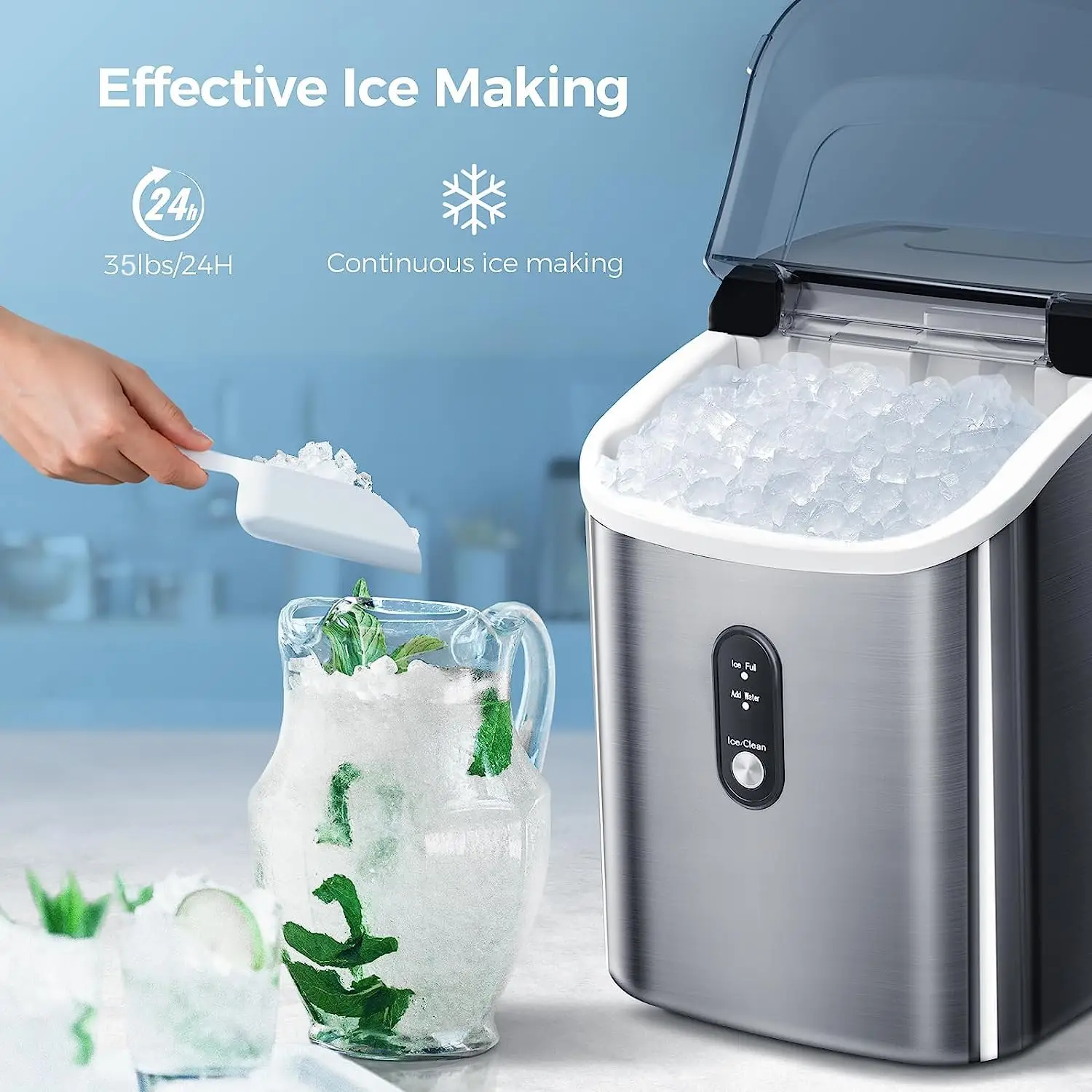 Nugget Ice Maker Countertop, Portable Pebble Ice Maker Machine, 35lbs/Day Chewable Ice, Self-Cleaning, Stainless Steel, (Silver)