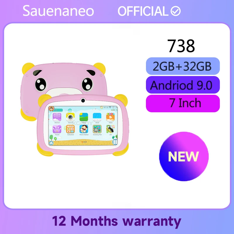 Sauenaneo Tablet 7 inci Android 738 32GB, Tablet pendidikan belajar anak-anak Bluetooth WiFi dengan film pelindung hadiah