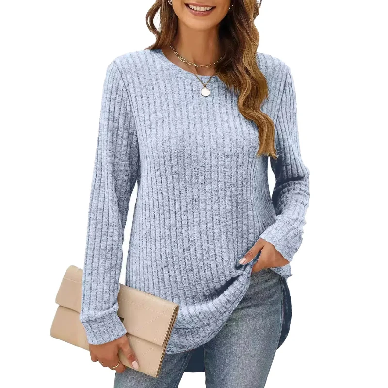 New Square Neck Pit Strip Solid Color Long Sleeve Loose T-shirt Top