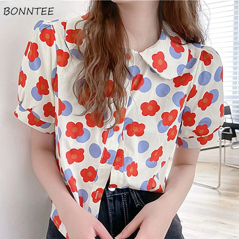 Shirts Women Summer All-match Female Top Leisure Ins Vacation Sweet Girls Puff Sleeve Elegant Slim Stylish Newest Kawaii Mujer