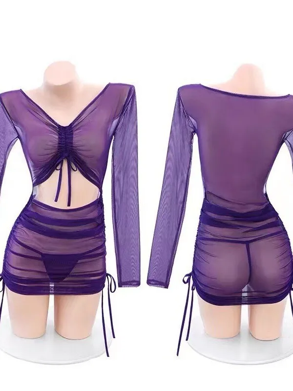 نمط المرأة الكورية منظور يتعرض البطن بأكمام طويلة ملفوفة الورك فستان مثير فتاة لينة الخامس الرقبة بلون البساطة EU4S #5