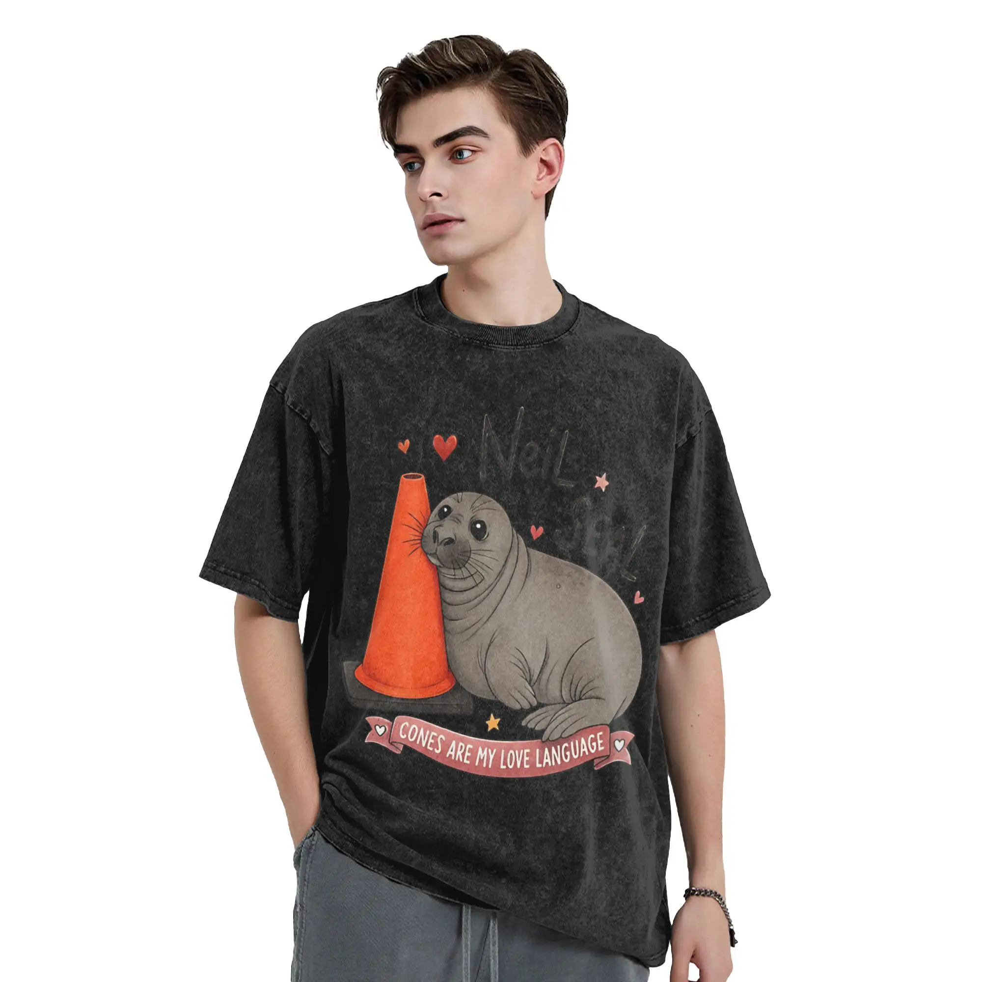 Neil the Seal Traffic Cone Lover T Shirts Washed 100% Cotton Oversize T-Shirt Vintage for Men Women Tops Streetwear Printed Tees