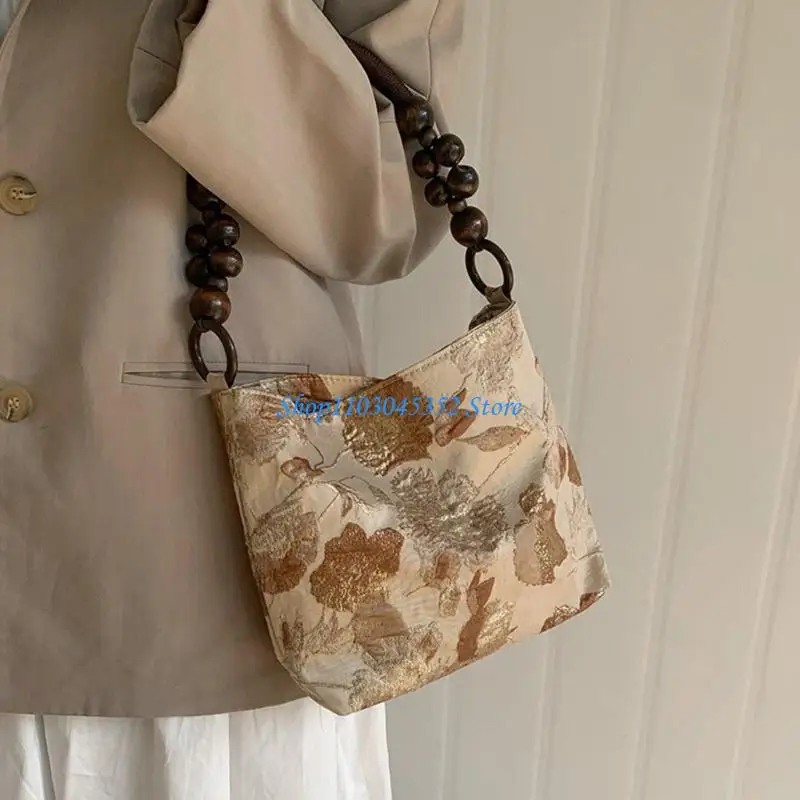 A3PE Print Print Flower Leace for Women Counter Bag Bag Discal Discual مع حبات الخشب مقبض دلو محفظة دلو