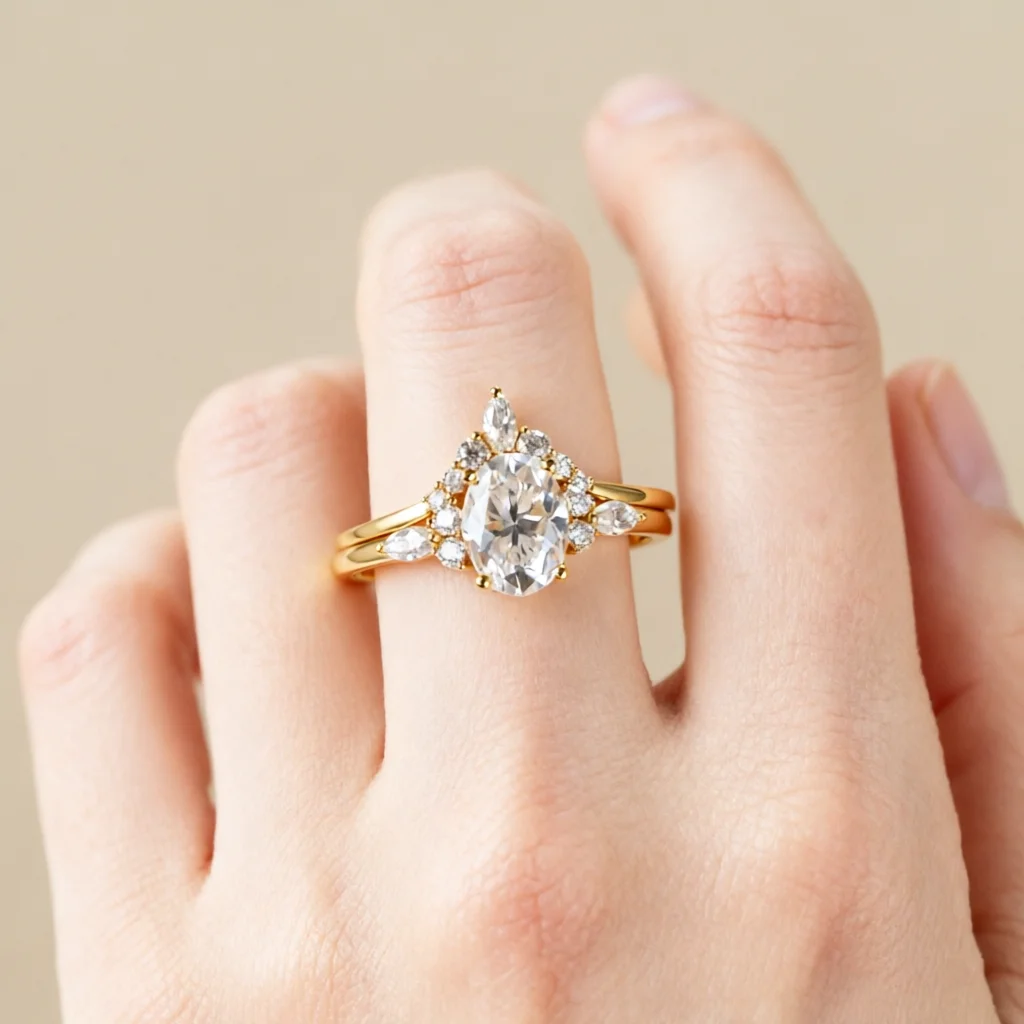 CxsJeremy Solid 14K 585 Yellow Gold 1.5ct Oval Cut 6*8mm Moissanite Engagement Ring Bridal Set Wedding Band Women Antique Rings